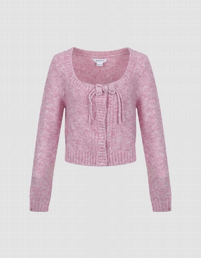 Cardigan Urban Revivo Tie Front Crew Neck Tricoté Femme Rose | PPR969SL