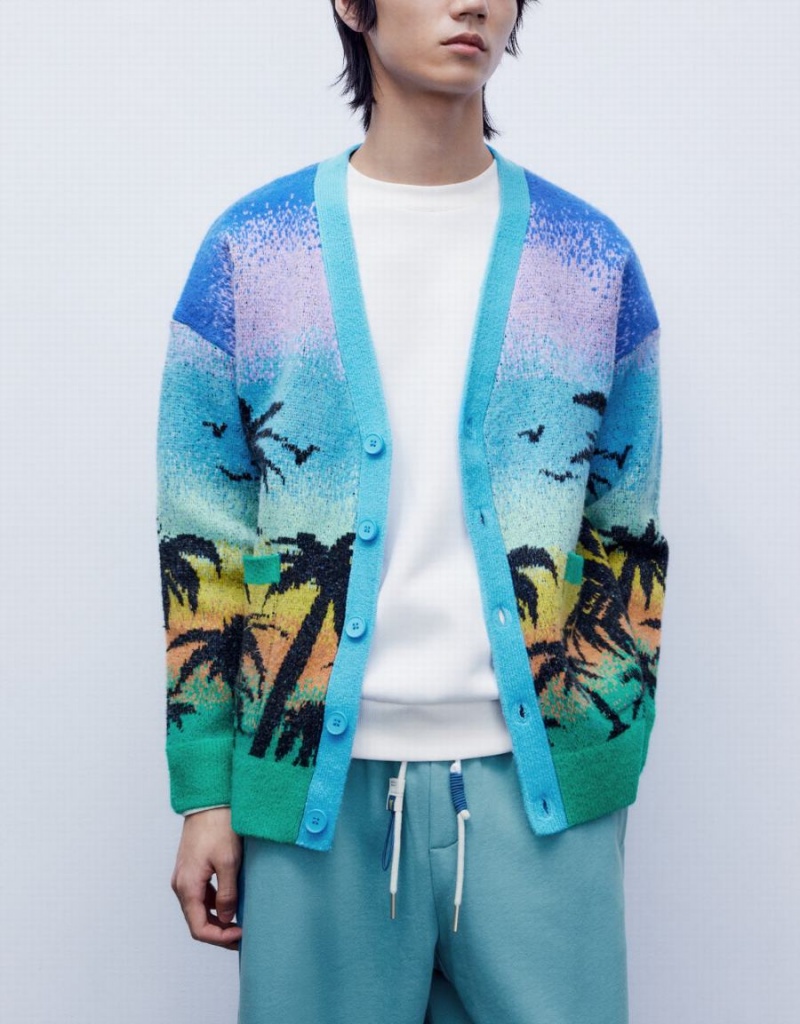 Cardigan Urban Revivo Tropical Pattern Tricoté Homme Bleu Multicolore | OEJ6688DA