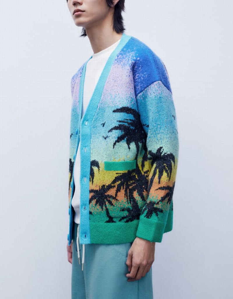 Cardigan Urban Revivo Tropical Pattern Tricoté Homme Bleu Multicolore | OEJ6688DA