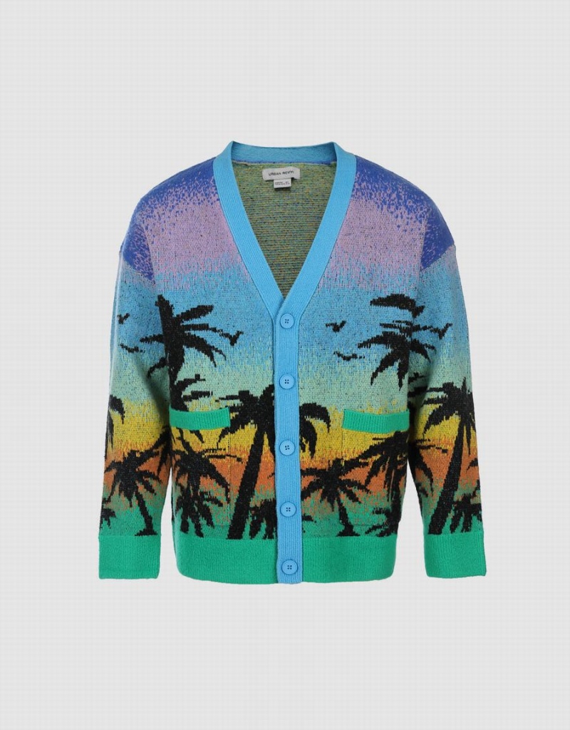 Cardigan Urban Revivo Tropical Pattern Tricoté Homme Bleu Multicolore | OEJ6688DA