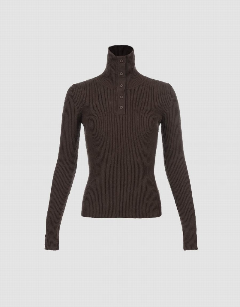 Cardigan Urban Revivo Turtle Neck Mince Tricoté Femme Marron | ONA6822YZ