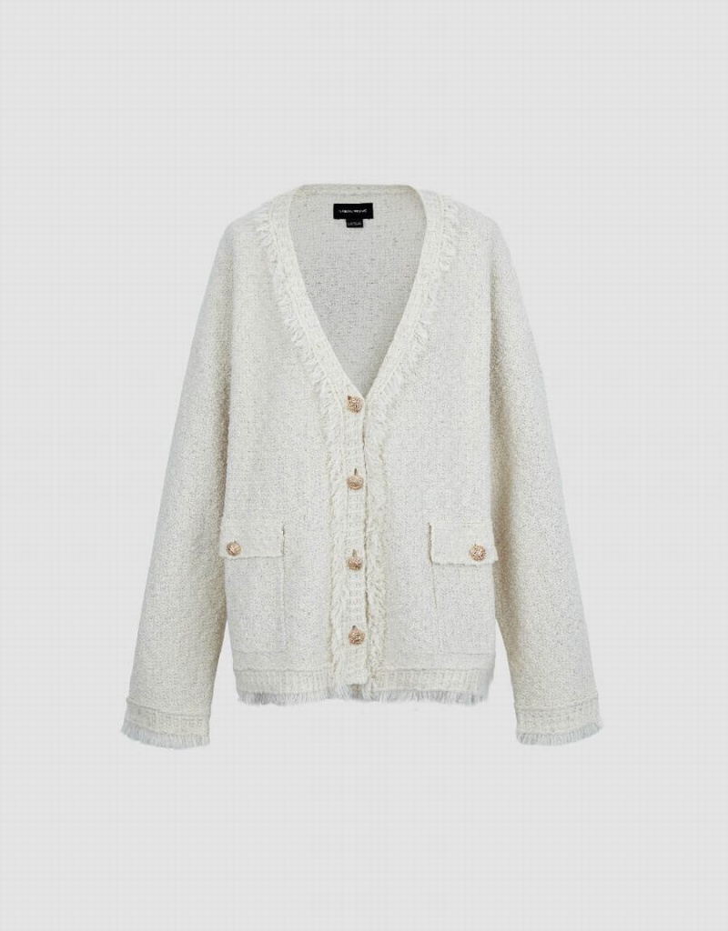 Cardigan Urban Revivo Tweed Raw Trim V-Neck Tricoté Femme Blanche | KDX1521OV