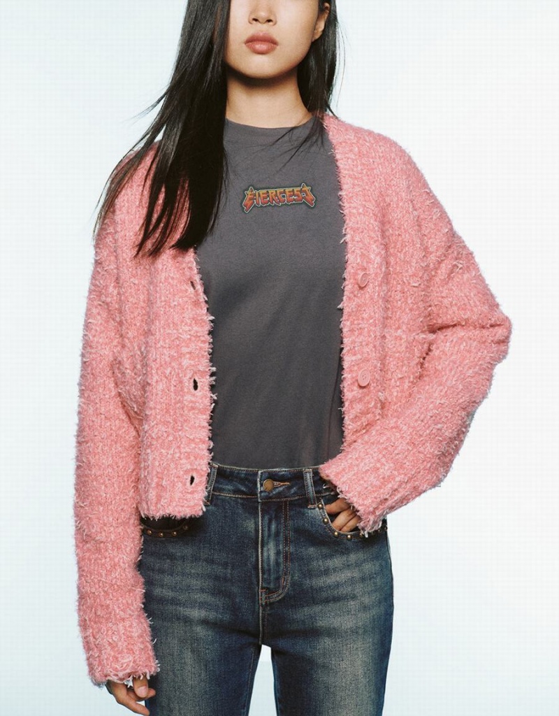 Cardigan Urban Revivo V-Neck Tricoté Femme Rose | EWR146LU