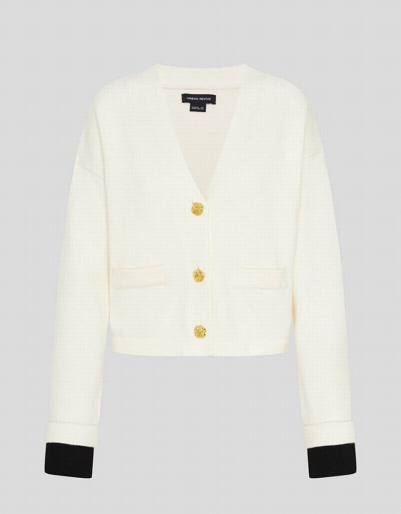 Cardigan Urban Revivo V-Neck Tricoté Femme Blanche | PAT969LT