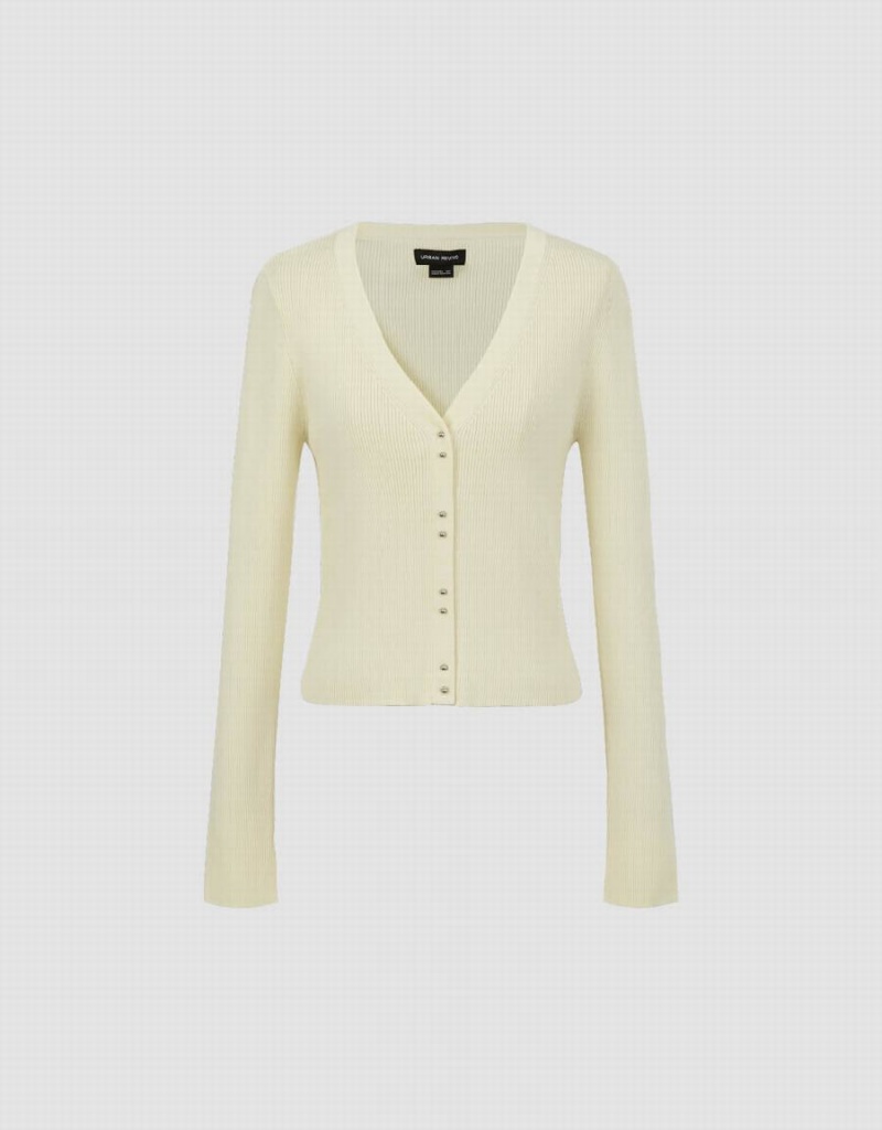 Cardigan Urban Revivo V-Neck Tricoté Femme Jaune | LJN7533WN