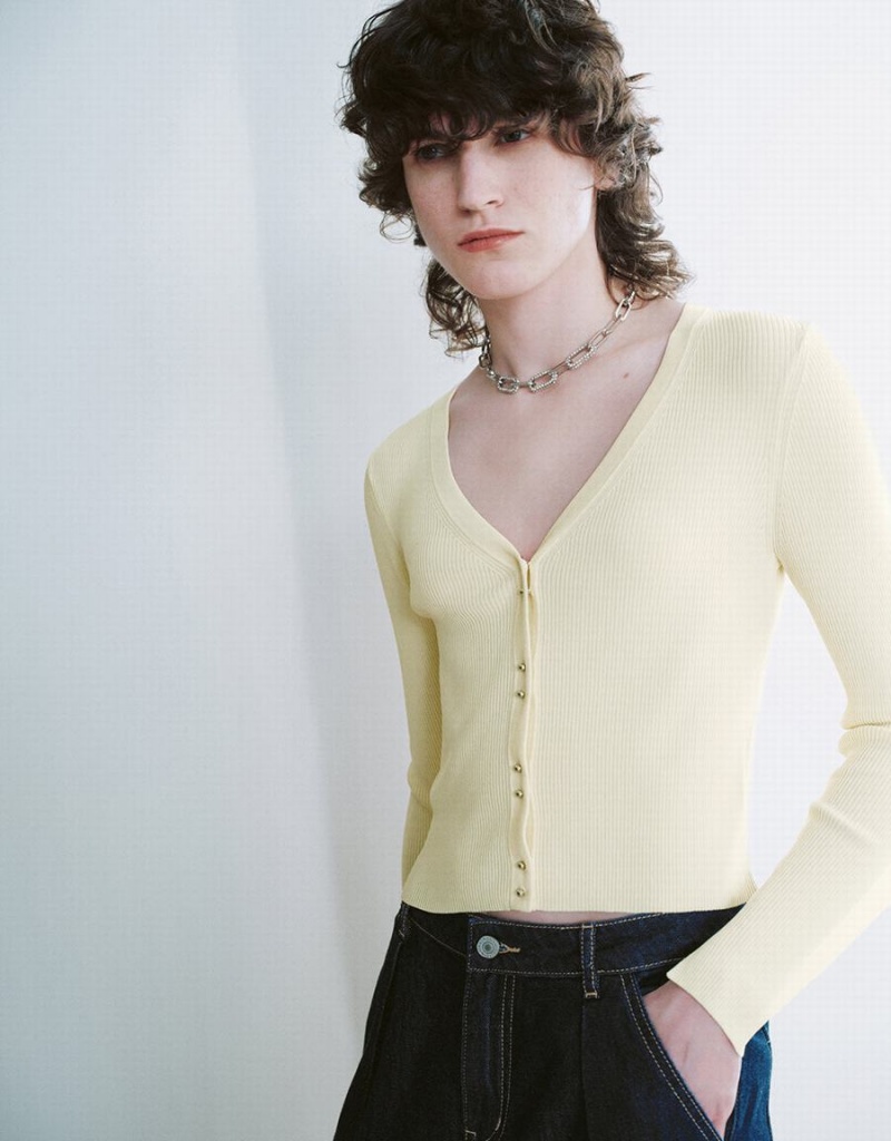 Cardigan Urban Revivo V-Neck Tricoté Femme Jaune | LJN7533WN