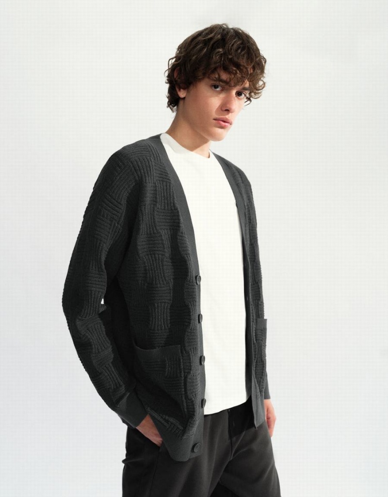 Cardigan Urban Revivo V-Neck Tricoté Homme Grise Foncé | AWT4865HY