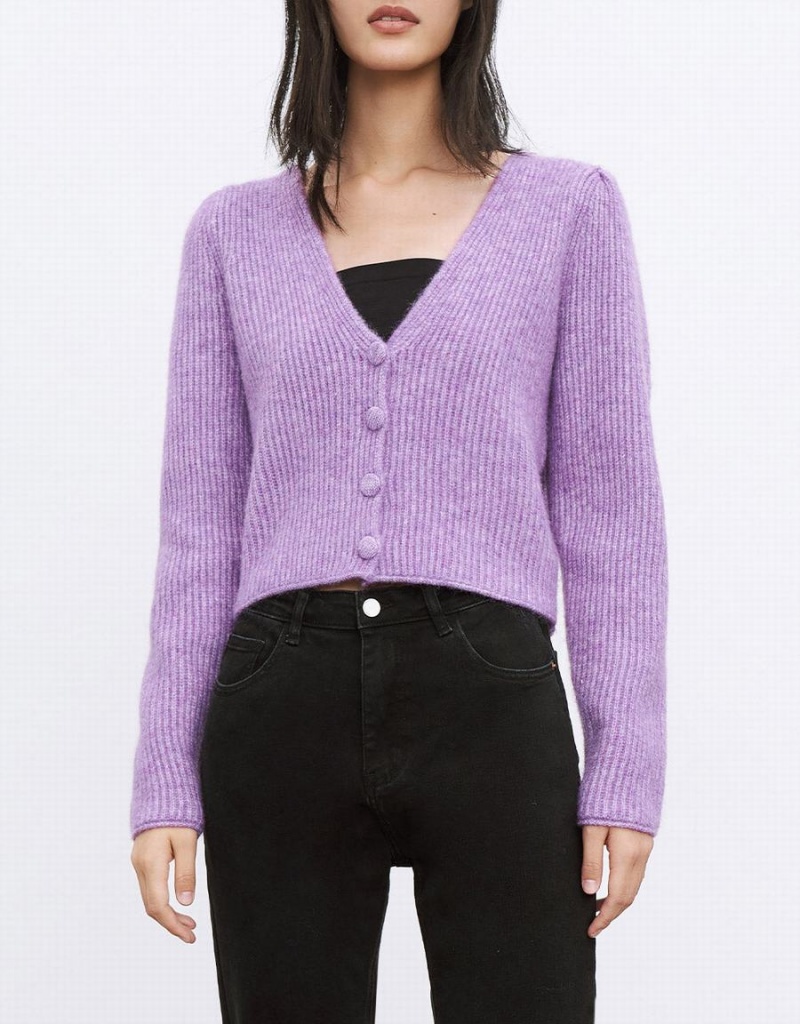 Cardigan Urban Revivo V Neck Rib Knit Femme Violette | OPG2680HK