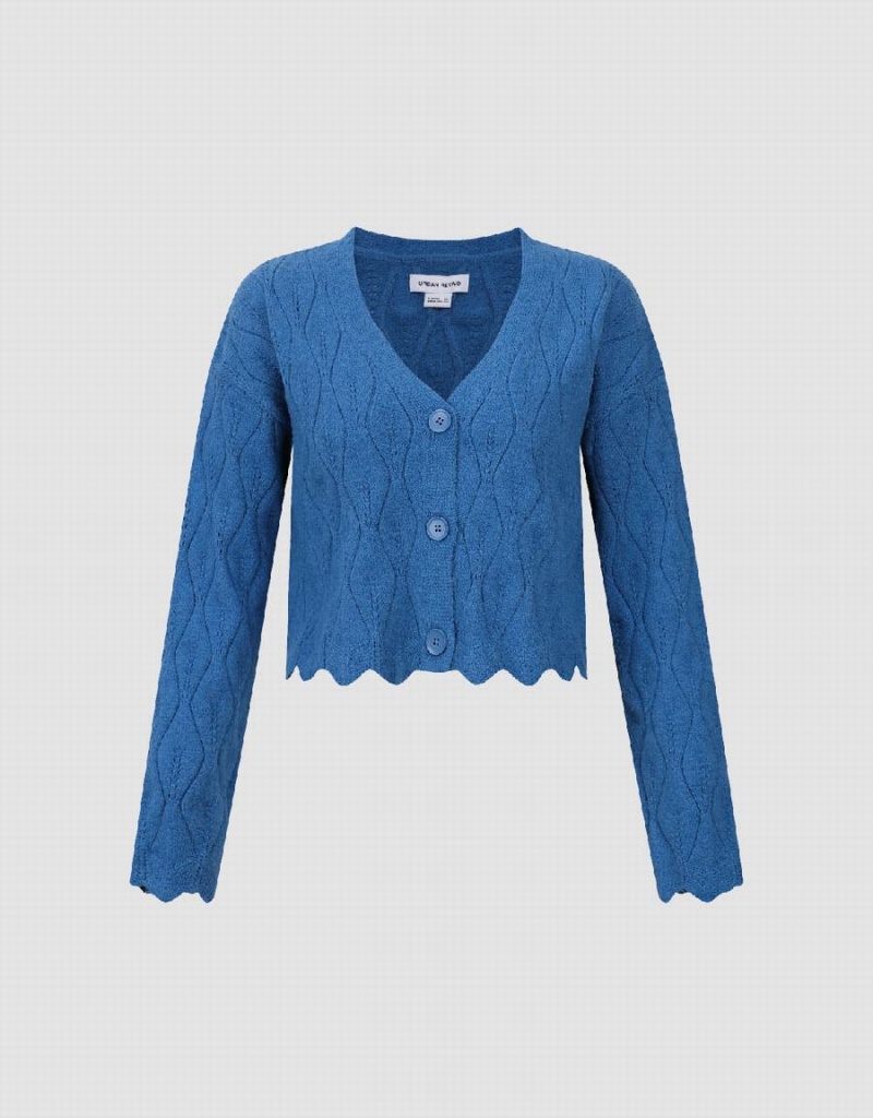 Cardigan Urban Revivo Wave Trim V-Neck Tricoté Femme Bleu | EIP5488VU