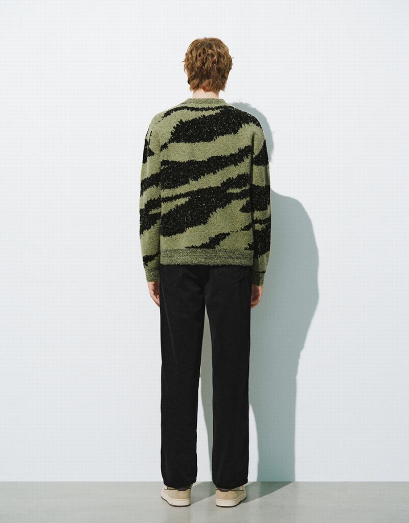 Cardigan Urban Revivo Zebra Printed Crew Neck Tricoté Homme Vert | XOA8264MW