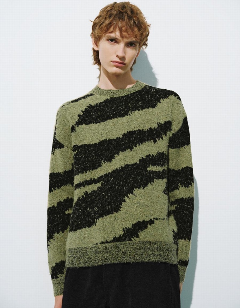 Cardigan Urban Revivo Zebra Printed Crew Neck Tricoté Homme Vert | XOA8264MW