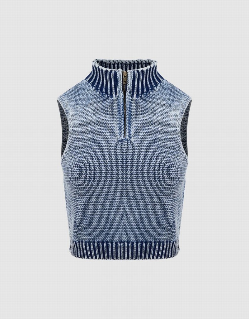 Cardigan Urban Revivo Zip Half Placket Tricoté Femme Bleu | YZI115XM