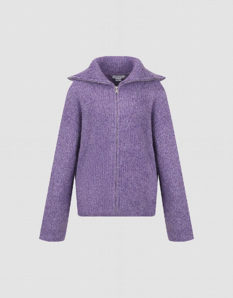 Cardigan Urban Revivo Zippé Front Loose Tricoté Femme Violette | LFD4035YF