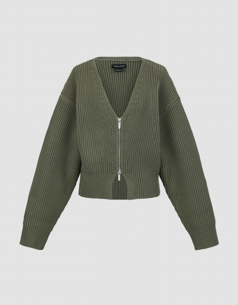 Cardigan Urban Revivo Zippé Front V-Neck Tricoté Femme Kaki Vert | UKR5250YQ