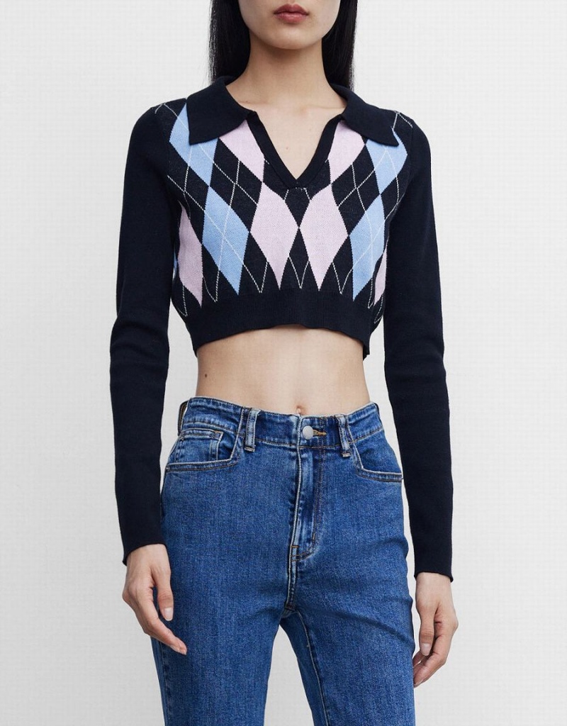 Chandails Urban Revivo Argyle Crop Checkered Femme Bleu | WLM9949ZY