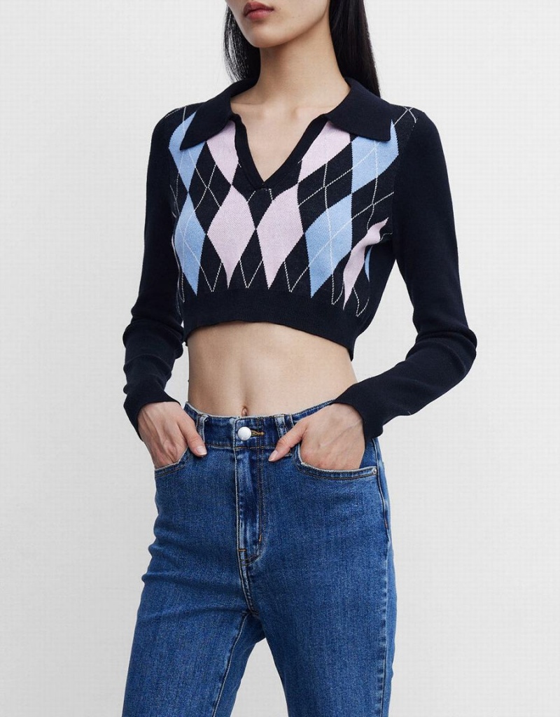 Chandails Urban Revivo Argyle Crop Checkered Femme Bleu | WLM9949ZY