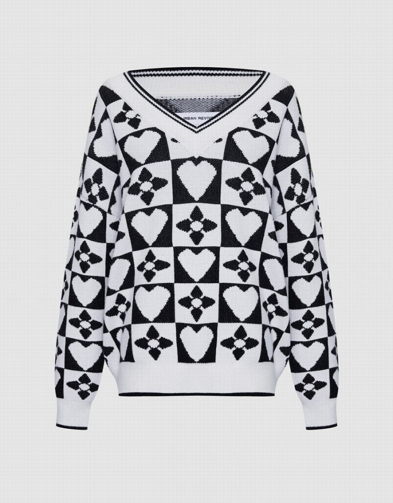 Chandails Urban Revivo Heart & Checkered Pattern Femme Grise | ZJE7255XX