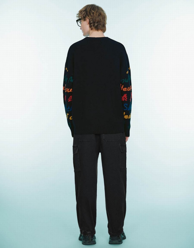 Chandails Urban Revivo Letter Embroidered Crew Neck Homme Noir | BRP5968DA