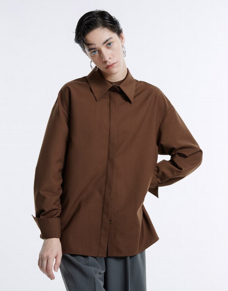 Chemises Urban Revivo Basic Button Up Femme Marron | GON9150TW