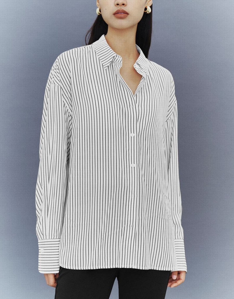 Chemises Urban Revivo Button Up Rayé Droit Femme Blanche | TTH9151SR