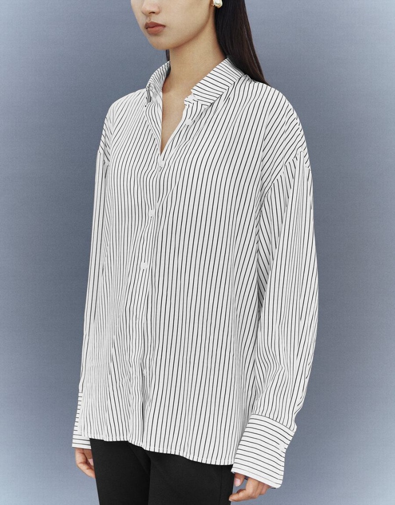 Chemises Urban Revivo Button Up Rayé Droit Femme Blanche | TTH9151SR