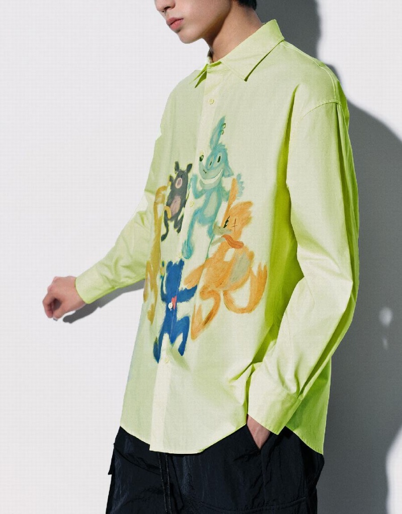 Chemises Urban Revivo Cartoon Printed Oversized Homme Vert | IMW9690PL