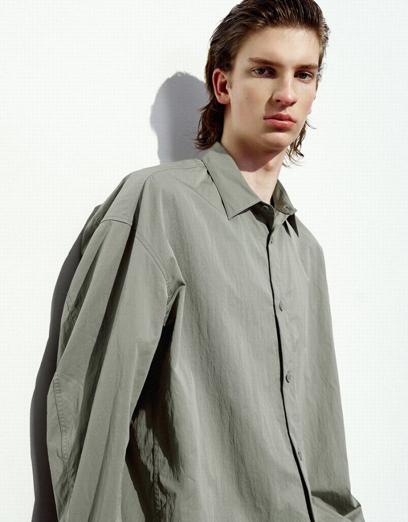 Chemises Urban Revivo Drop Shoulder Sleeve Oversized Homme Vert | ATH2723PW