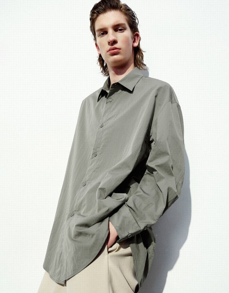 Chemises Urban Revivo Drop Shoulder Sleeve Oversized Homme Vert | ATH2723PW