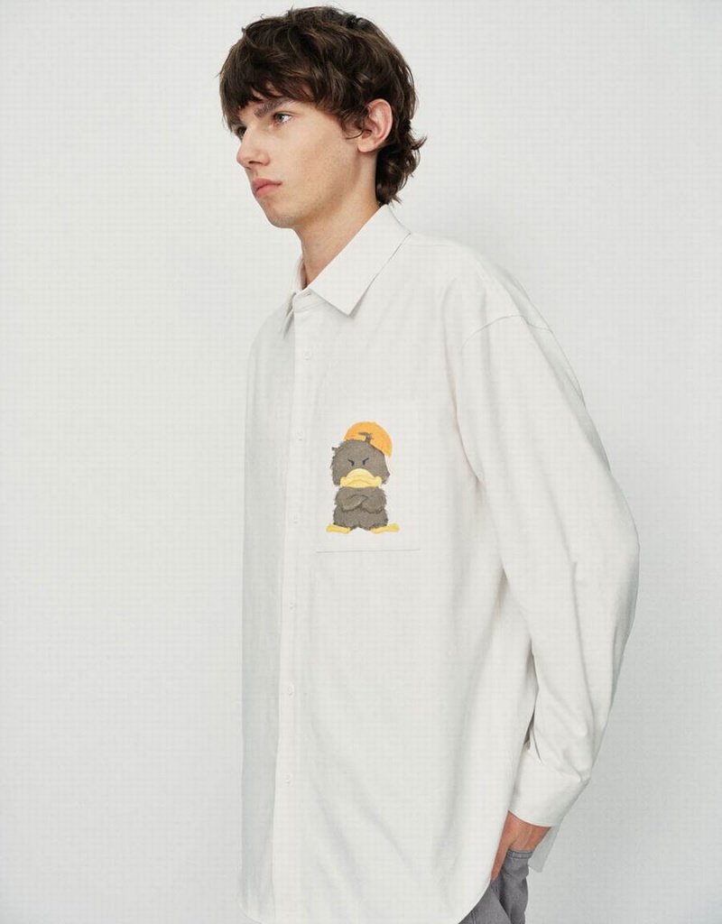 Chemises Urban Revivo Duck Printed Oversized Homme Blanche | GOR7185OE