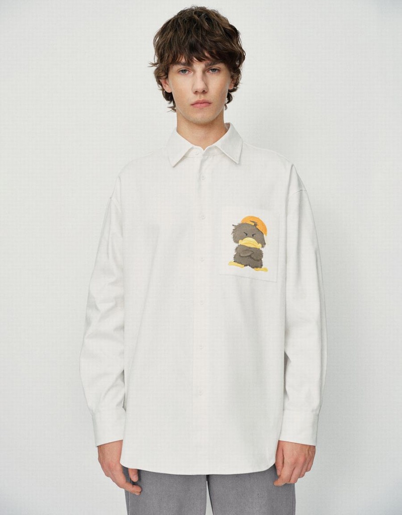 Chemises Urban Revivo Duck Printed Oversized Homme Blanche | GOR7185OE