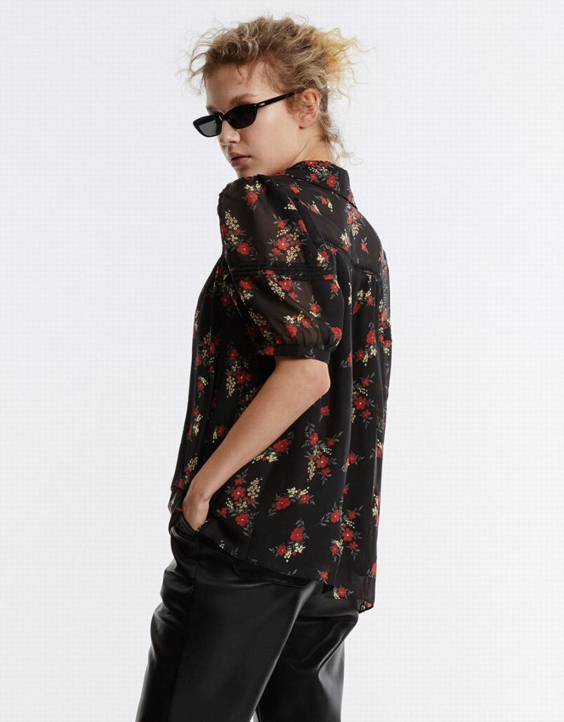 Chemises Urban Revivo Floral Button Up Femme Noir Rouge | PAQ5960KU