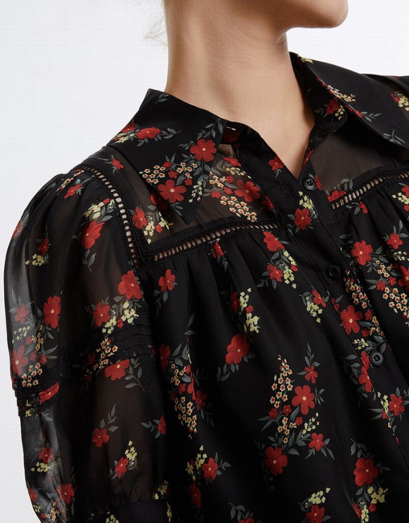 Chemises Urban Revivo Floral Button Up Femme Noir Rouge | PAQ5960KU