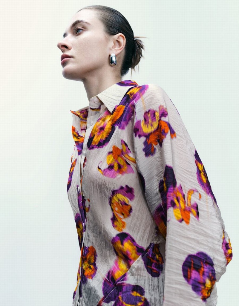 Chemises Urban Revivo Flower Printed Button Up Femme Violette | KXV796HQ