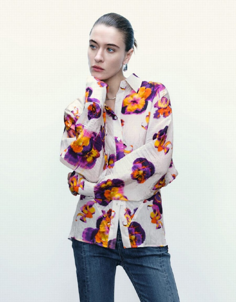 Chemises Urban Revivo Flower Printed Button Up Femme Violette | KXV796HQ