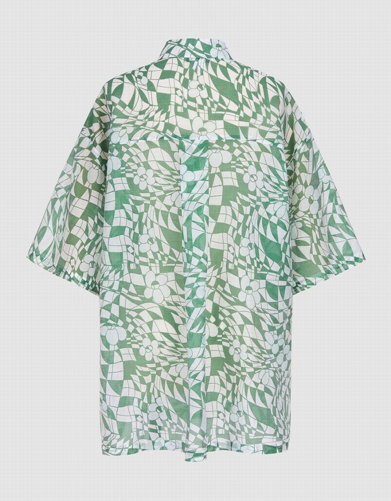 Chemises Urban Revivo Geometric Print Corta Sleeve Femme Vert | JQP1998OA