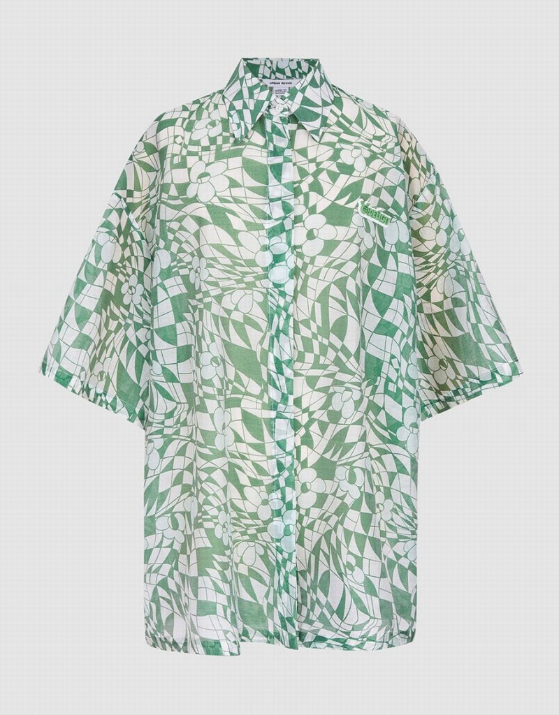 Chemises Urban Revivo Geometric Print Corta Sleeve Femme Vert | JQP1998OA