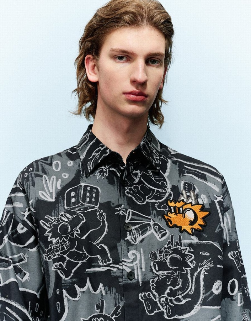 Chemises Urban Revivo Graffiti Printed Button Up Loose Homme Noir | BMD5680CA