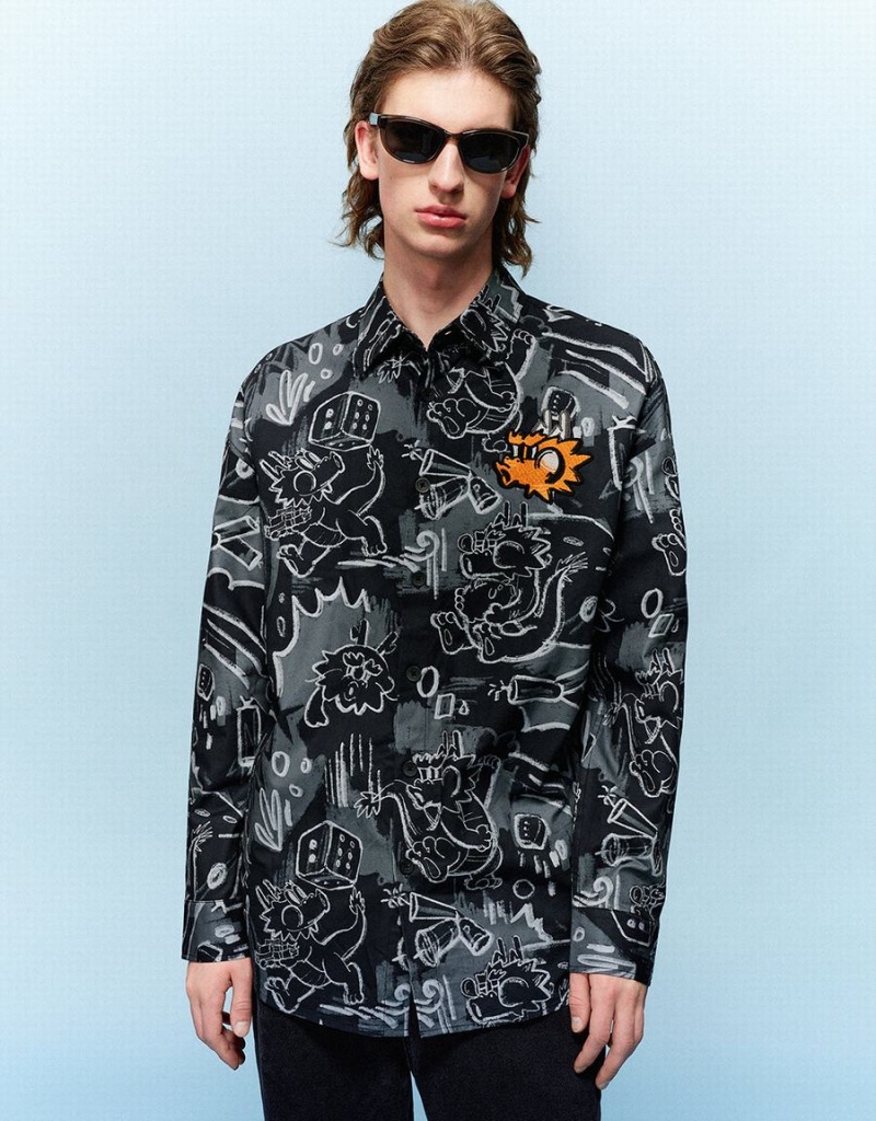 Chemises Urban Revivo Graffiti Printed Button Up Loose Homme Noir | BMD5680CA