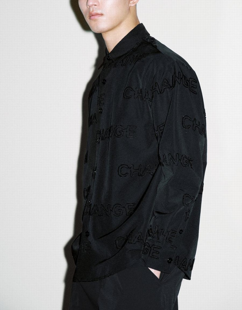 Chemises Urban Revivo Letter Printed Button Up Oversized Homme Noir | AGO169DG