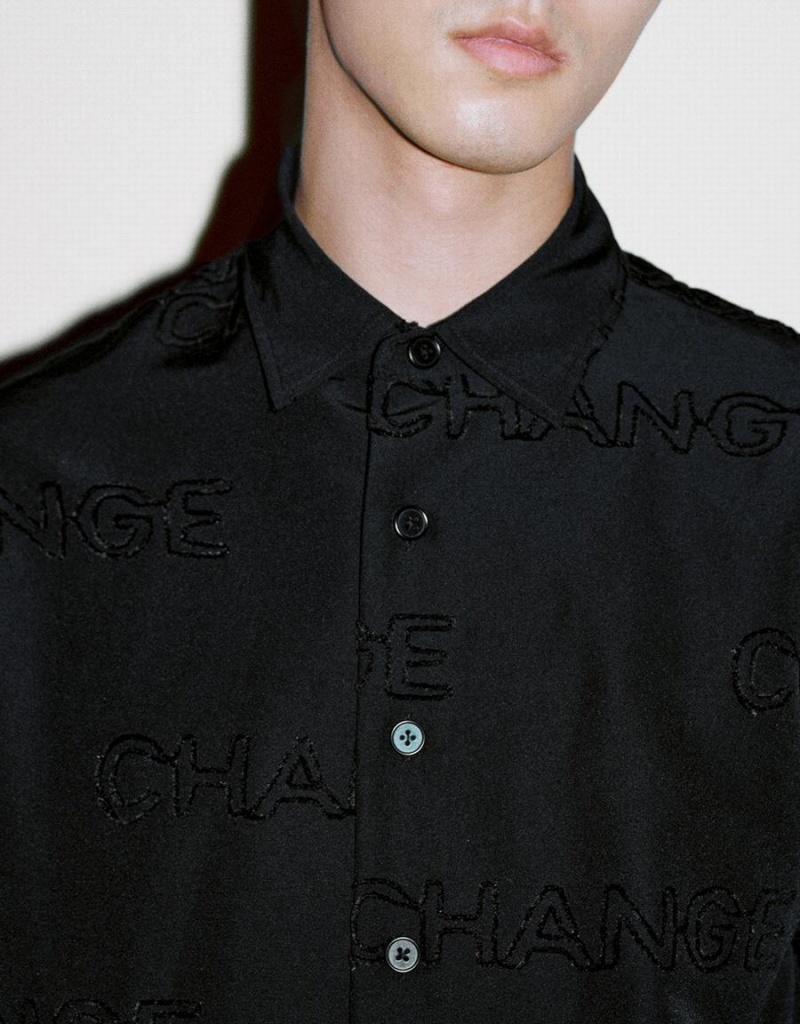 Chemises Urban Revivo Letter Printed Button Up Oversized Homme Noir | AGO169DG