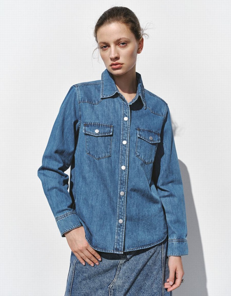 Chemises Urban Revivo Loose Denim With Pressed Buttons Femme Bleu | ALM5643SX