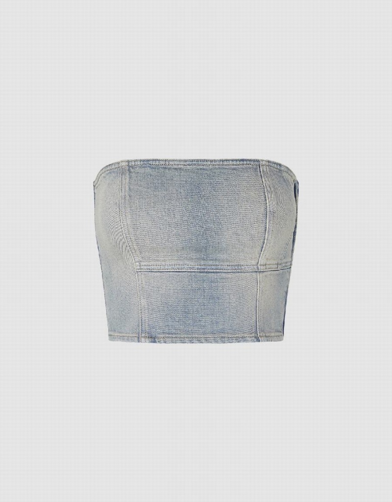 Chemises Urban Revivo Off-Shoulder Denim Tube Top Femme Bleu | FQA9537BP