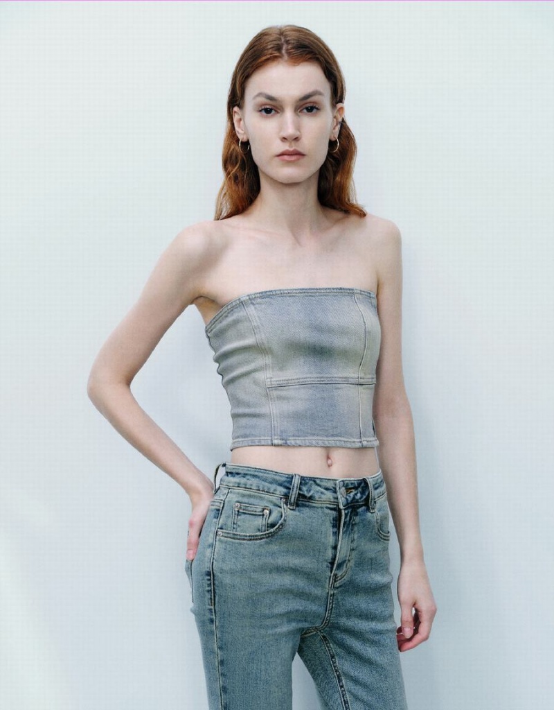 Chemises Urban Revivo Off-Shoulder Denim Tube Top Femme Bleu | FQA9537BP