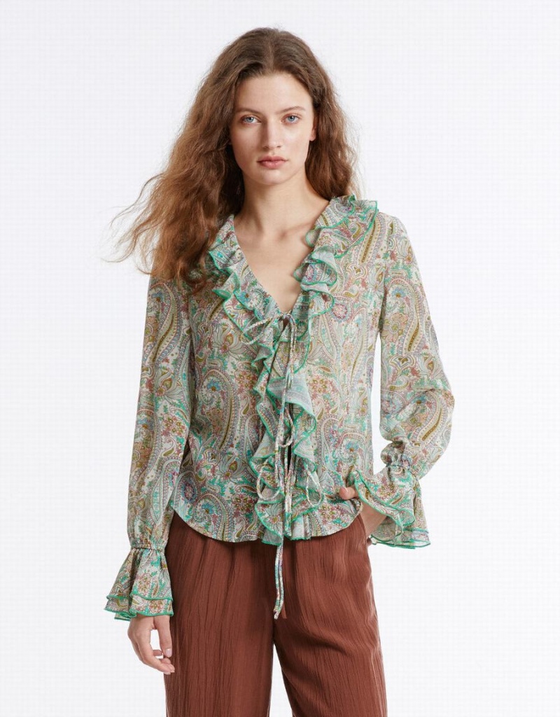 Chemises Urban Revivo Paisley Print Ruffled Femme Vert | DTY4027SD