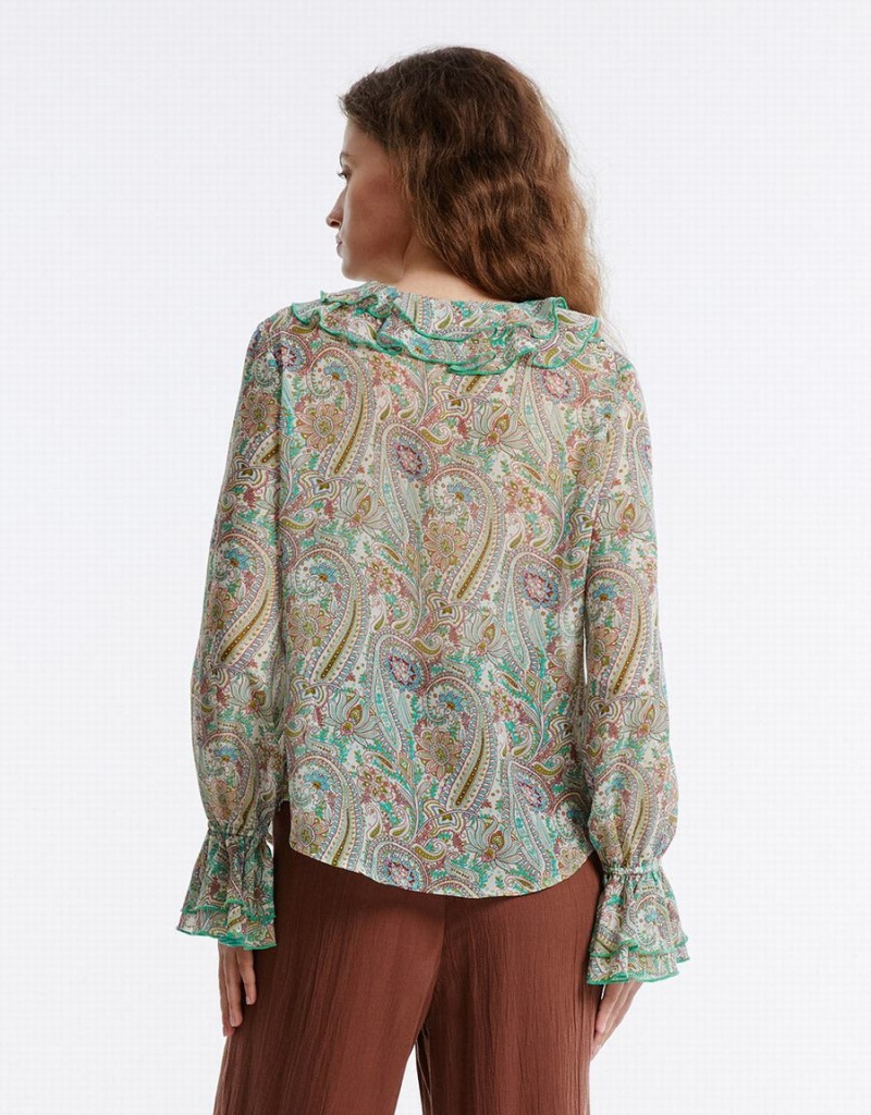 Chemises Urban Revivo Paisley Print Ruffled Femme Vert | DTY4027SD