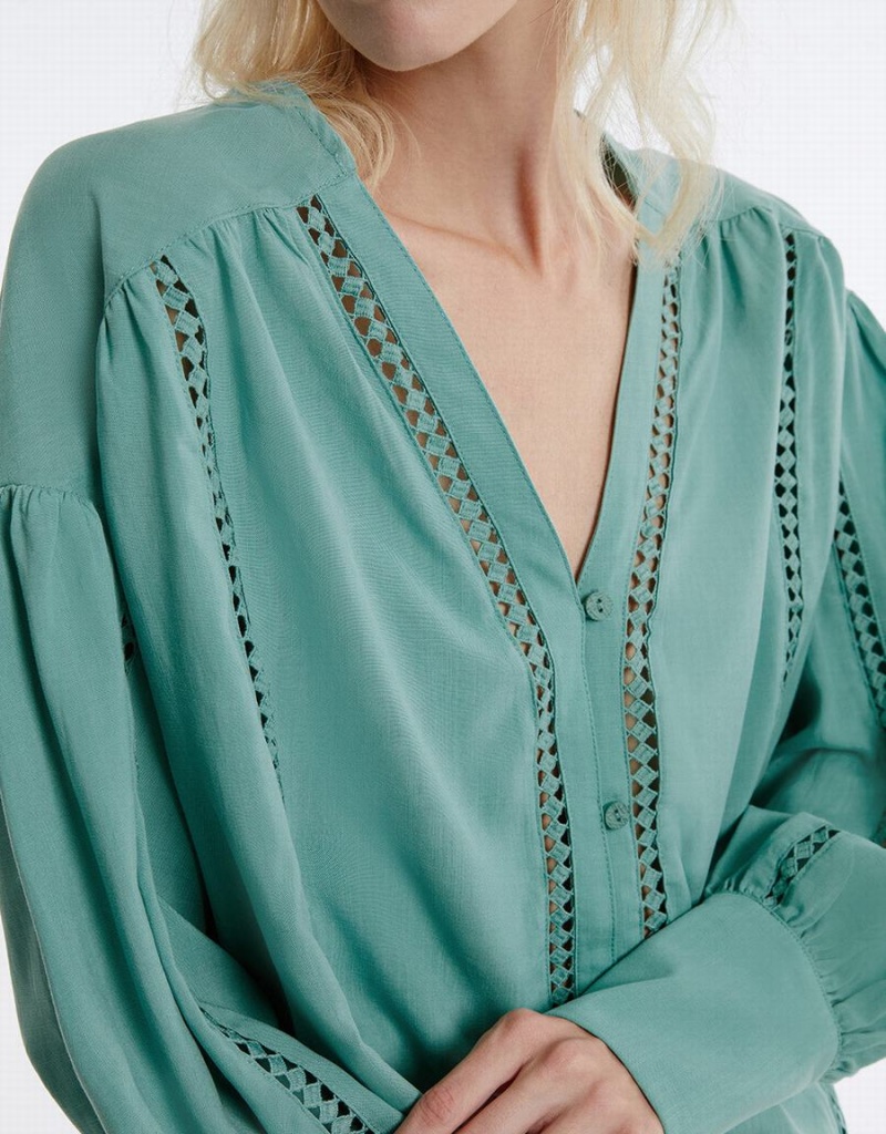 Chemises Urban Revivo Pointelle Buttoned Femme Vert | CFS8920XJ