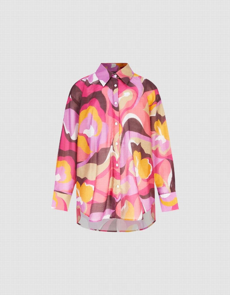 Chemises Urban Revivo Printed Button Up Lapel Femme Rose Multicolore | AOV7050CD