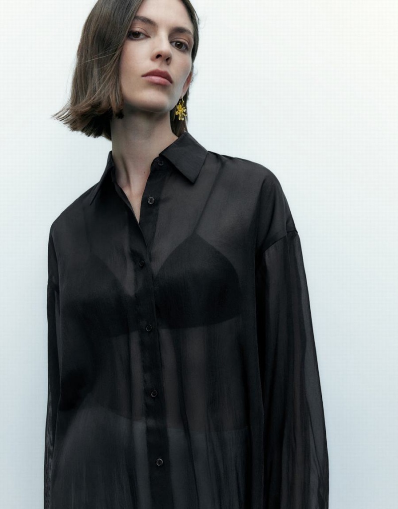 Chemises Urban Revivo Thin Button Up Loose Femme Noir | QHX537VA