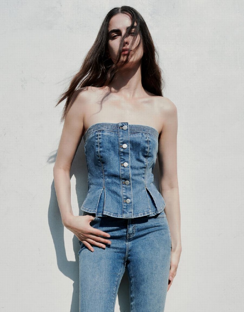 Chemisier Urban Revivo Button Up Denim Tube Top Femme Bleu | VXJ2545VQ