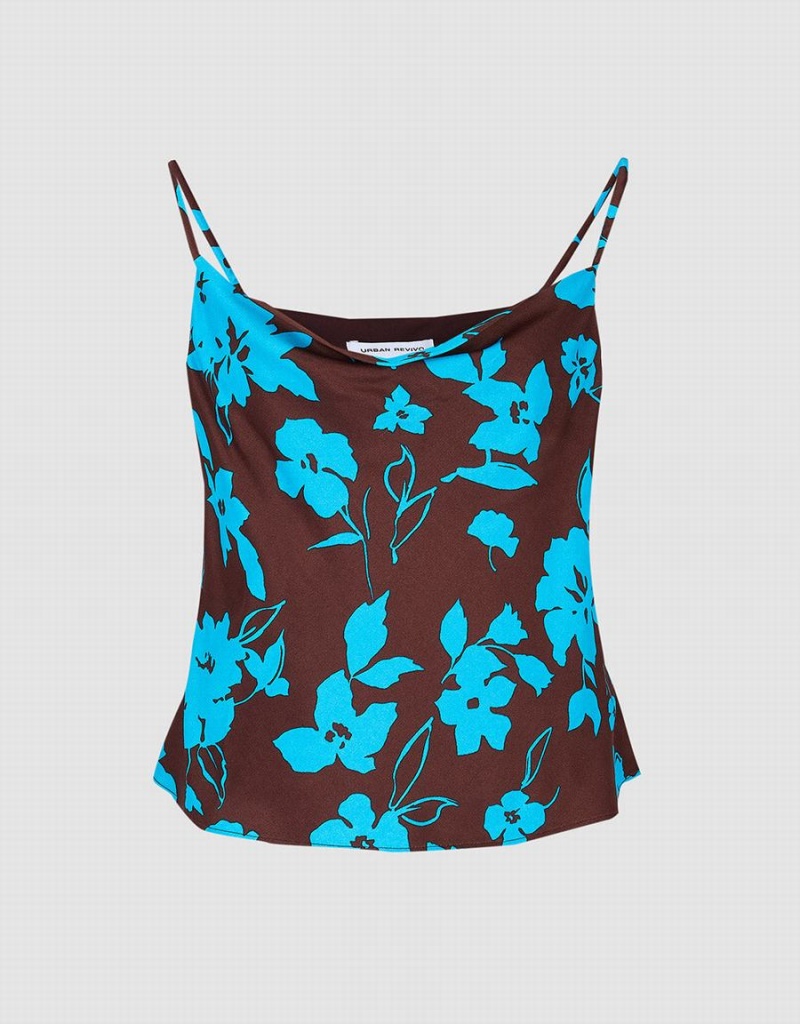 Debardeur Urban Revivo Floral Print Cowl Neck Cami Femme Bleu | NPS4970FH